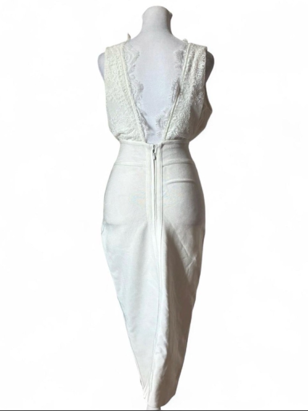 House of CB Ria Ivory Lace Plunge Bridal Cocktail Bodycon Midi Dress Size Small - Picture 3 of 9